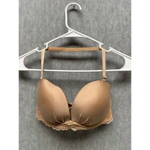 Victoria's Secret Bra Tan Halter Strap‎ 32DD Lace Push Up Plunge Underwire